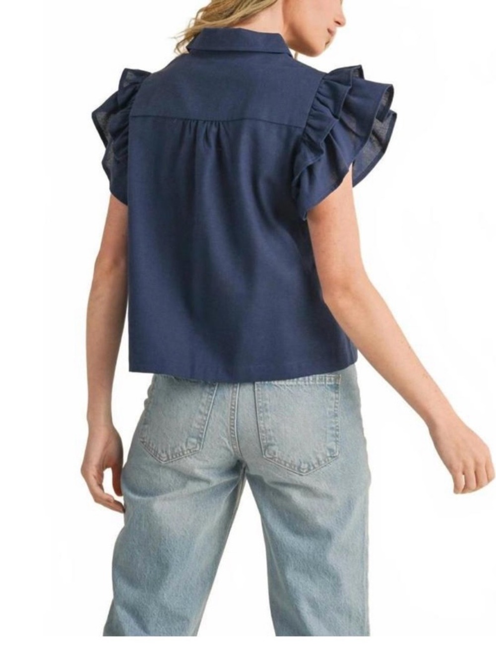 Navy Cutout Button-Front Ruffle Sleeve Shirt - Picture 2 of 4